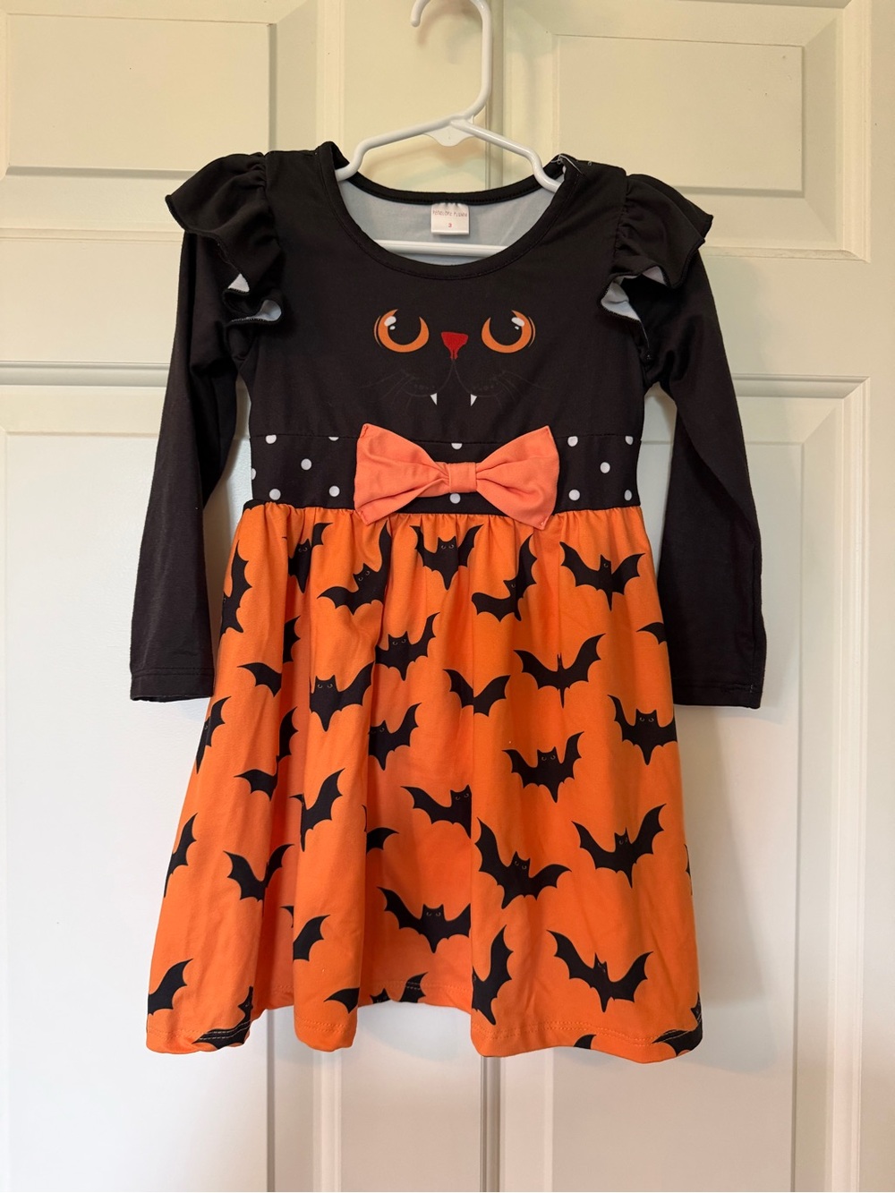 Girls Halloween Bat Print Dress with Bow - Black & Orange